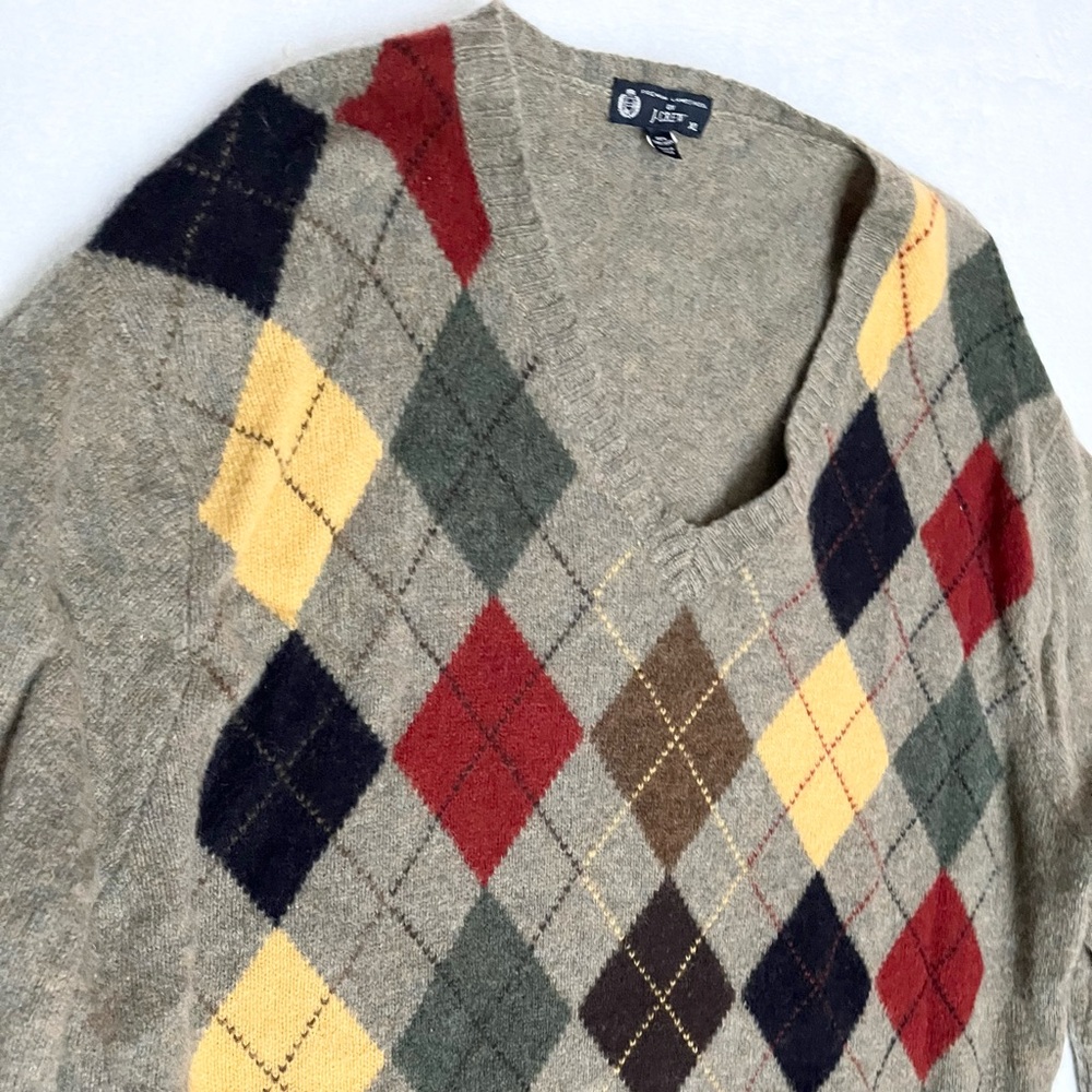 Vintage J. Crew Lambswool Argyle V-Neck Sweater XL - Picture 4 of 5